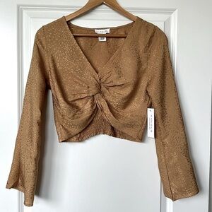 Kirious Crop Top sz Small Womens Gold Embossed Animal Print Twist Front Bell Slv
